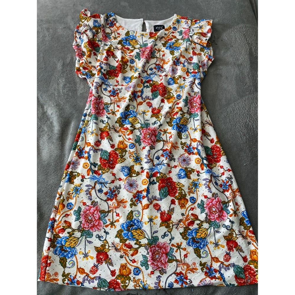 ECI Sheath Dress Womens 6 White Floral Eyelet Flutter Sleeve Reformation Summer